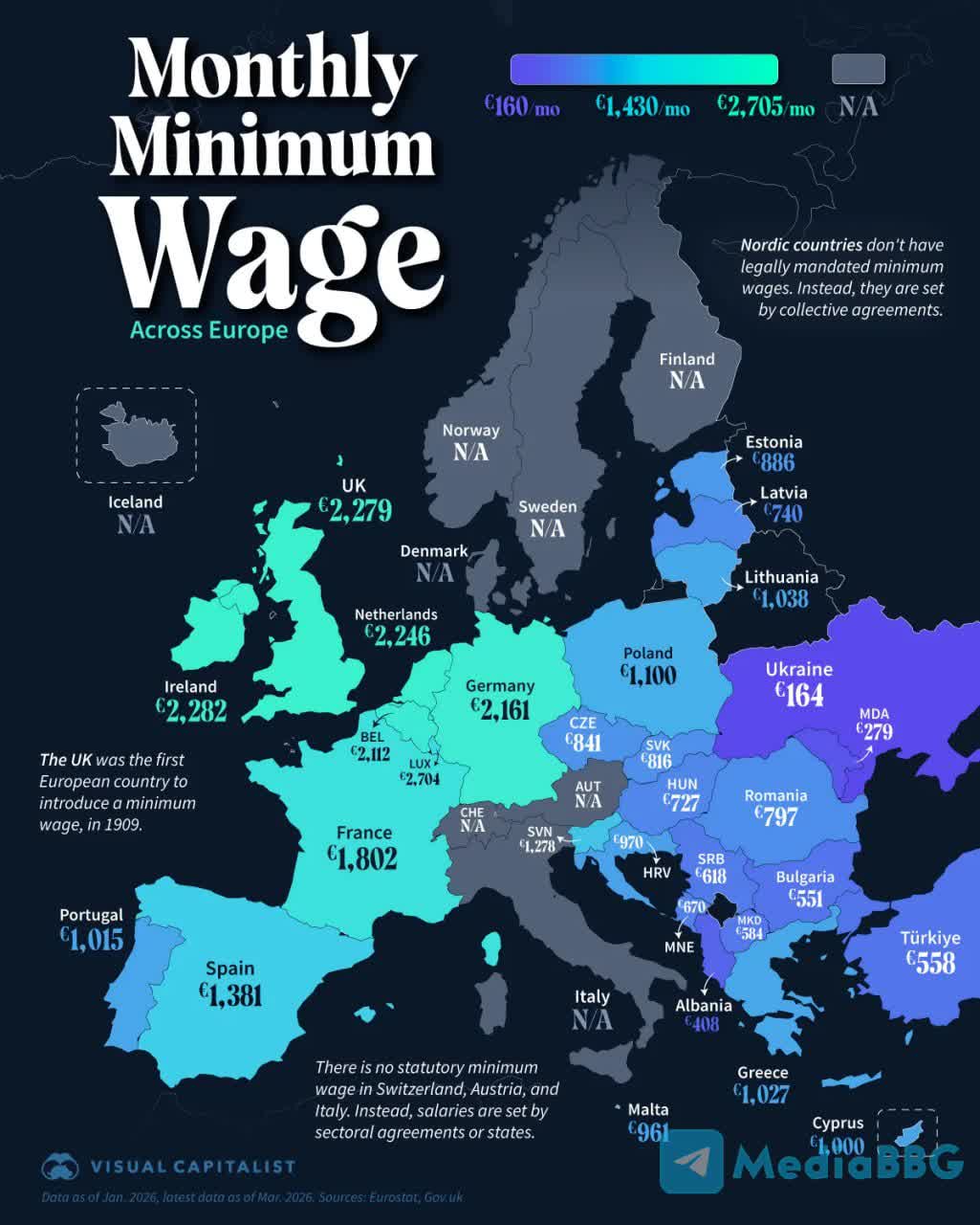 Карта мінімальних зарплат в Європі. 